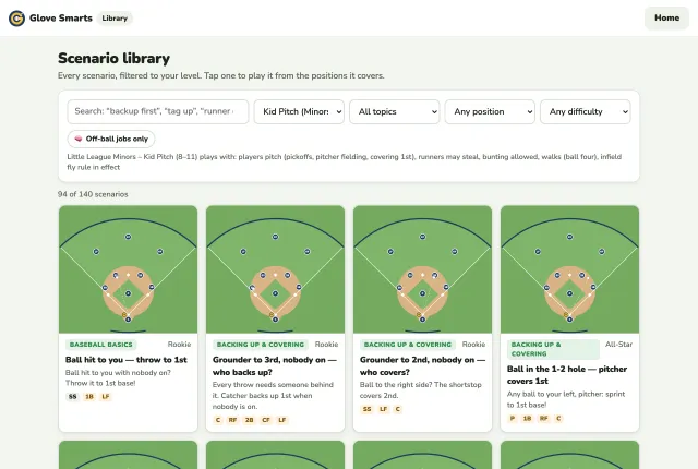 The scenario library: a search box, filters for level, topic, position and difficulty, and a card for each play.