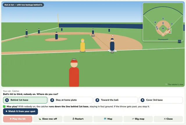 The replay in My view, from behind the catcher, who runs toward 1st base, with a map of the whole field in the corner.